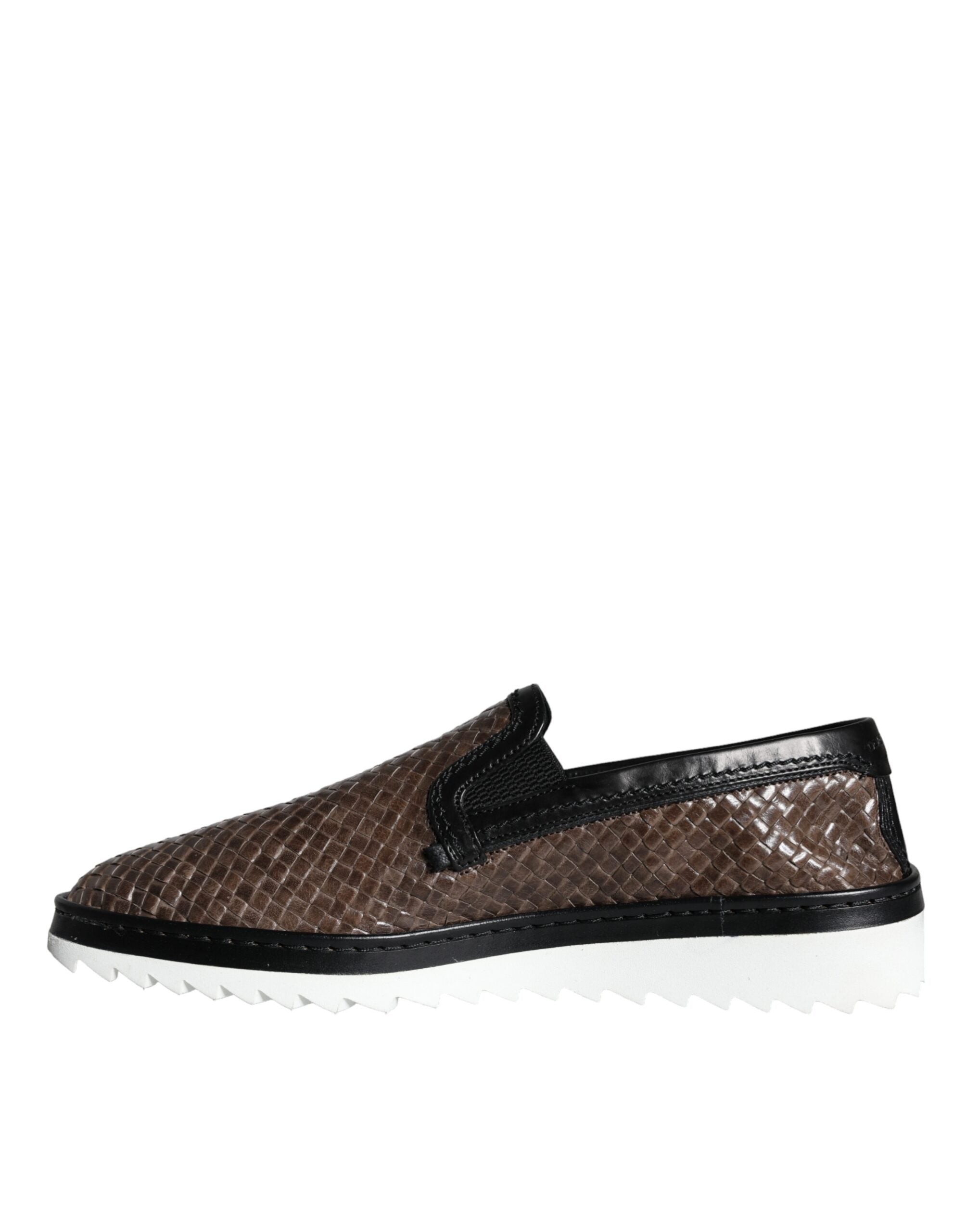 Brown and black leather woven men's loafers by Dolce & Gabbana featuring a classic slip-on design and textured detailing.