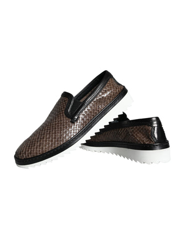 Brown and black leather woven men's loafers by Dolce & Gabbana, featuring a classic slip-on design and detailed craftsmanship.