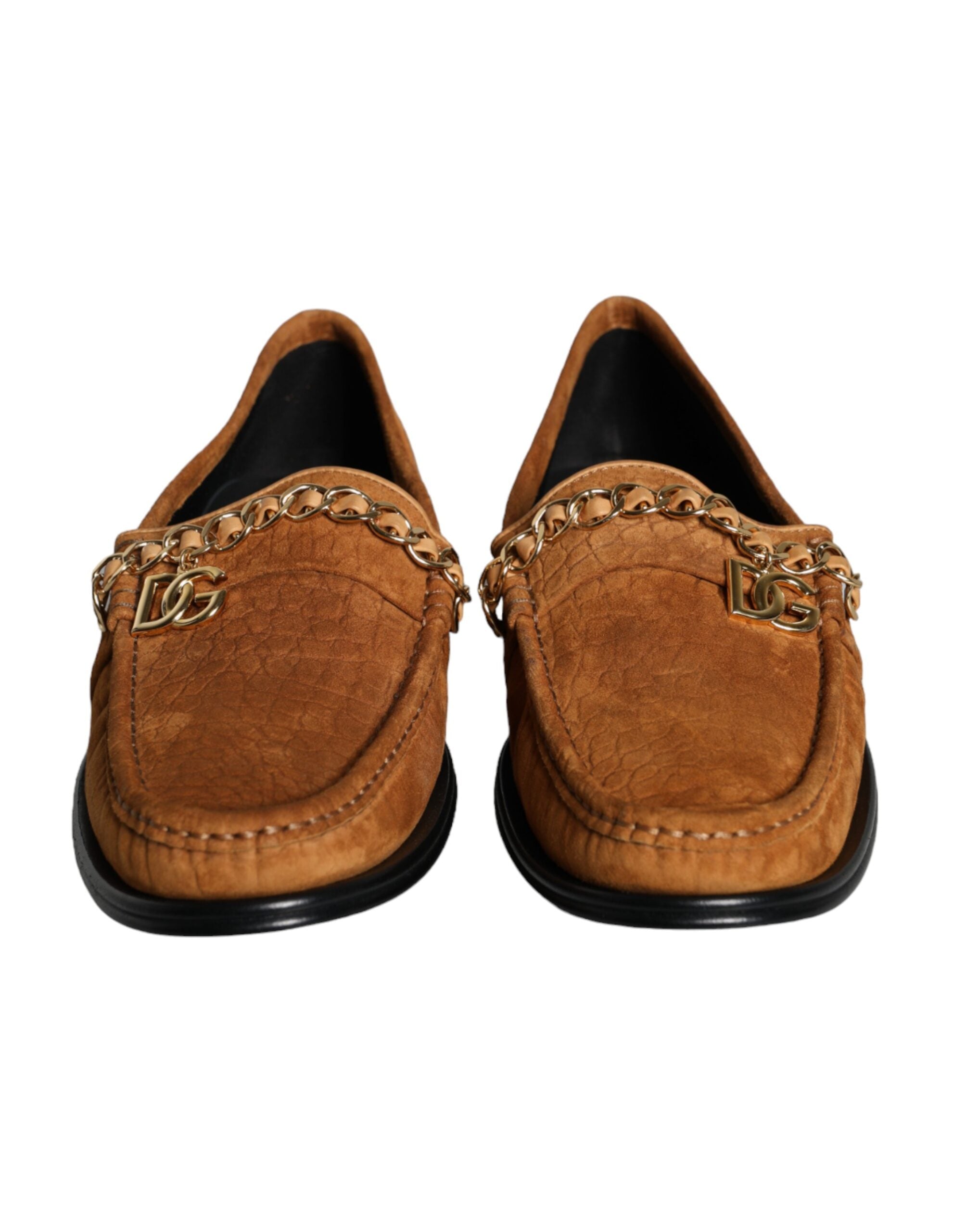 Brown velvet leather slip-on moccasin shoes with Dolce & Gabbana logo detailing, featuring a sleek and stylish design.