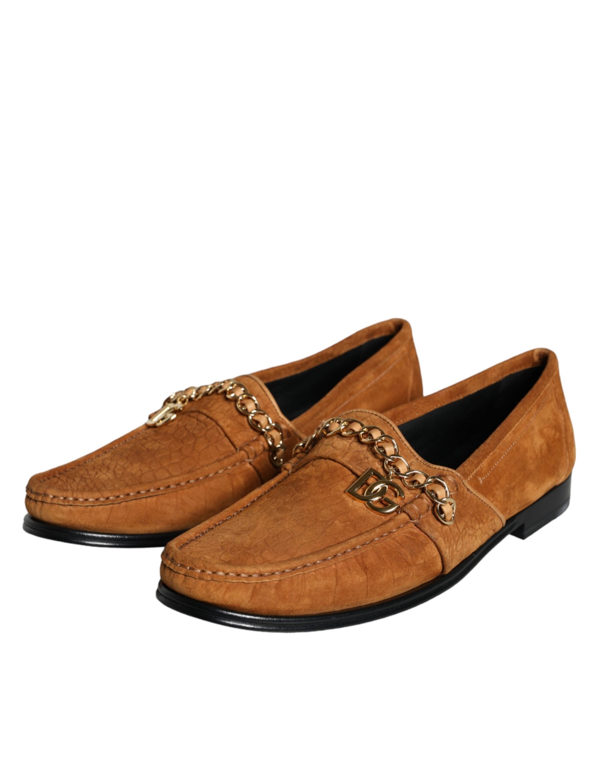 Brown velvet leather Dolce & Gabbana slip-on moccasin shoes with logo detail and comfortable design.