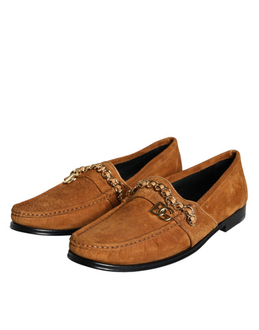 Brown velvet leather Dolce & Gabbana slip-on moccasin shoes with logo detail and comfortable design.