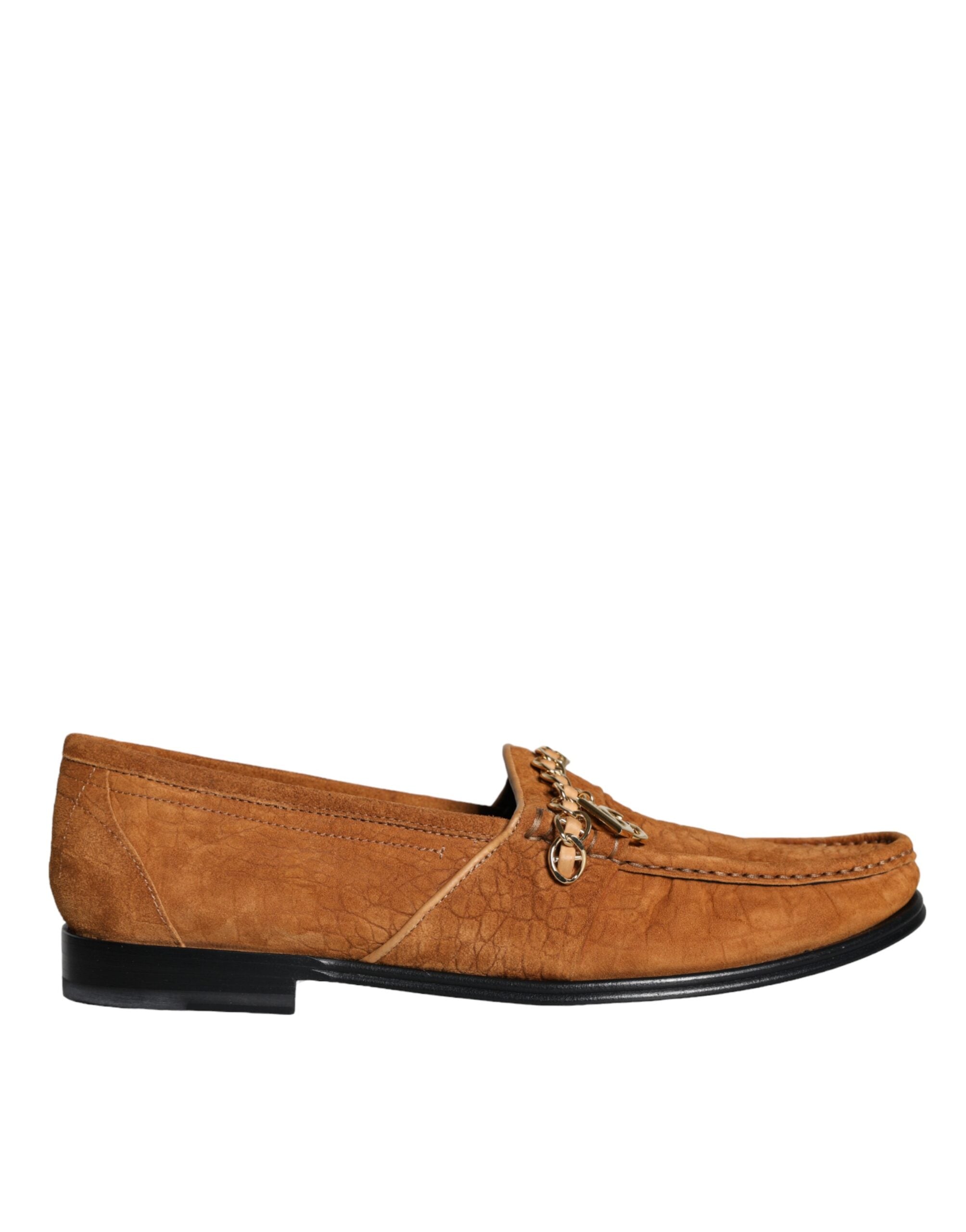 Brown velvet leather slip-on moccasin shoes with Dolce & Gabbana logo, featuring a sleek, stylish design and comfortable fit.