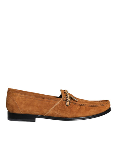 Brown velvet leather slip-on moccasin shoes with Dolce & Gabbana logo, featuring a sleek, stylish design and comfortable fit.