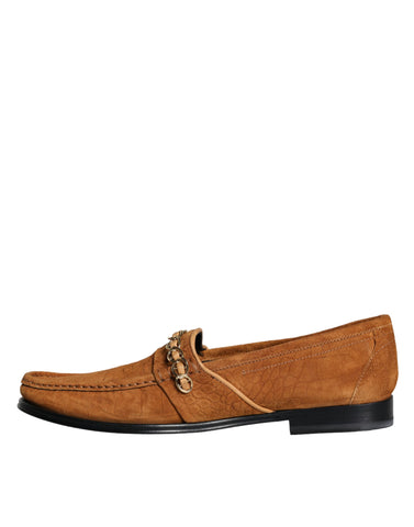 Brown velvet leather slip-on moccasin shoes with Dolce & Gabbana logo, featuring a sleek, stylish design and comfortable fit.