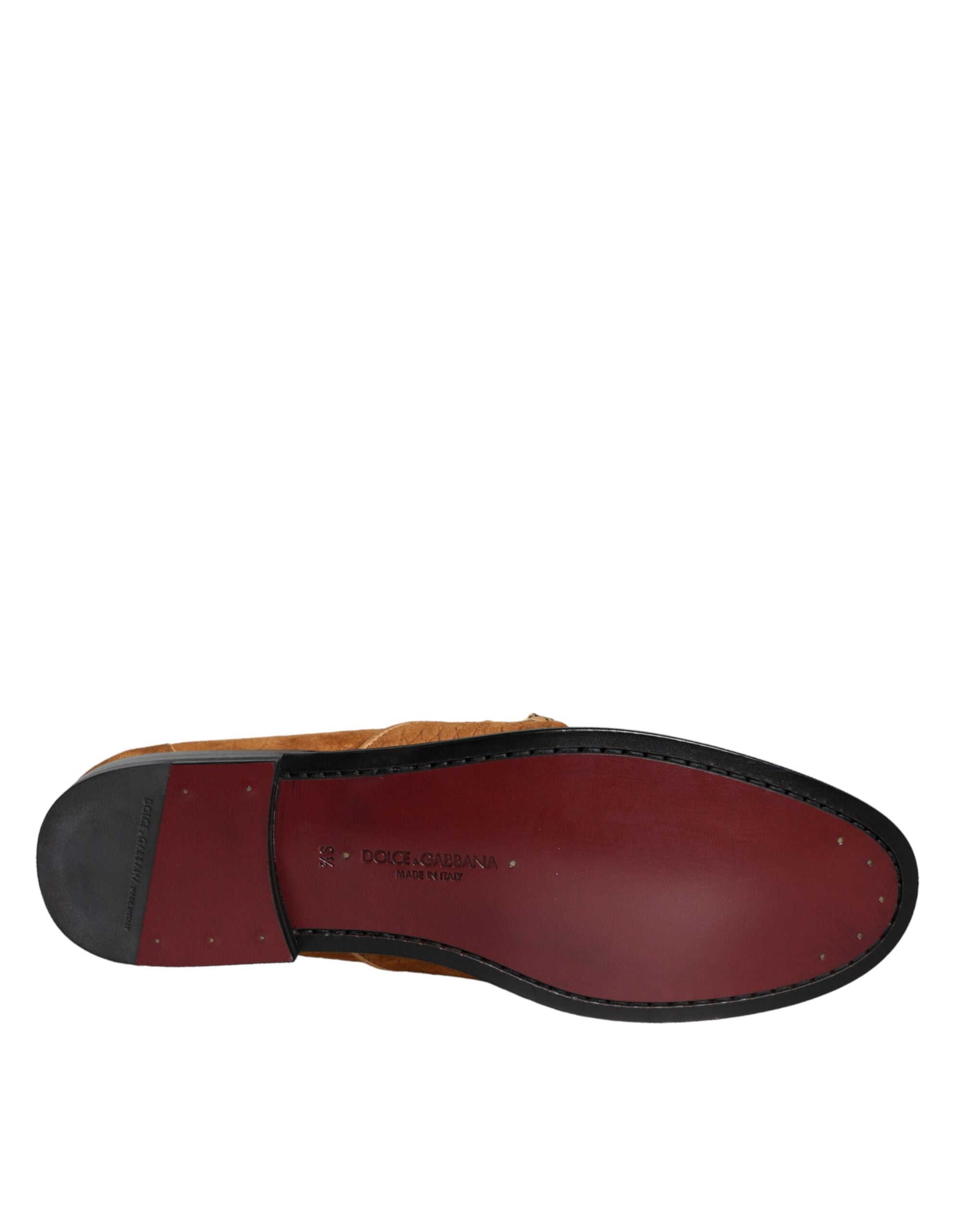 Brown velvet leather slip-on moccasin shoes with Dolce & Gabbana logo, featuring a classic design and comfortable fit.