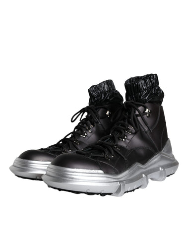Black nylon Galileo high top sneakers by Dolce & Gabbana, featuring sporty design and high-top style with brand logo details.