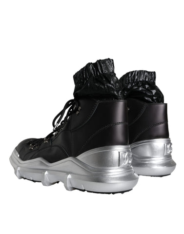 Black nylon Galileo high top sneakers by Dolce & Gabbana, featuring stylish design and laced detail.