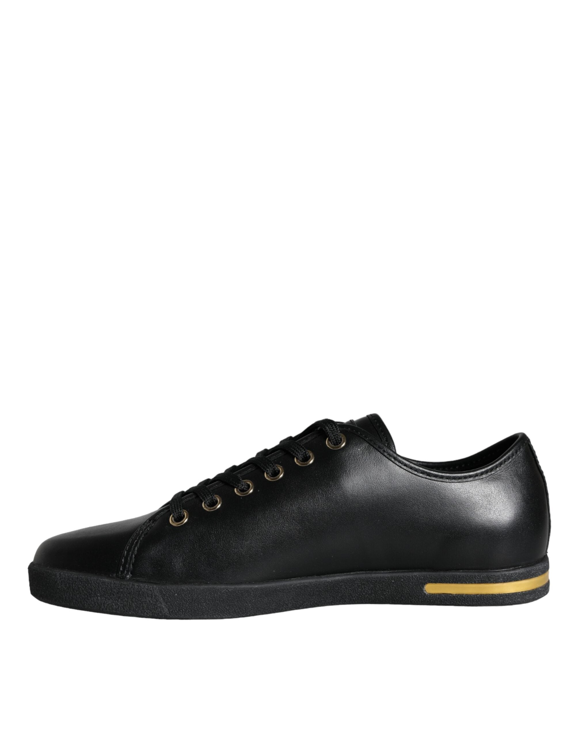 Black gold leather Dolce & Gabbana classic sneakers shoes with stylish design and textured leather upper.