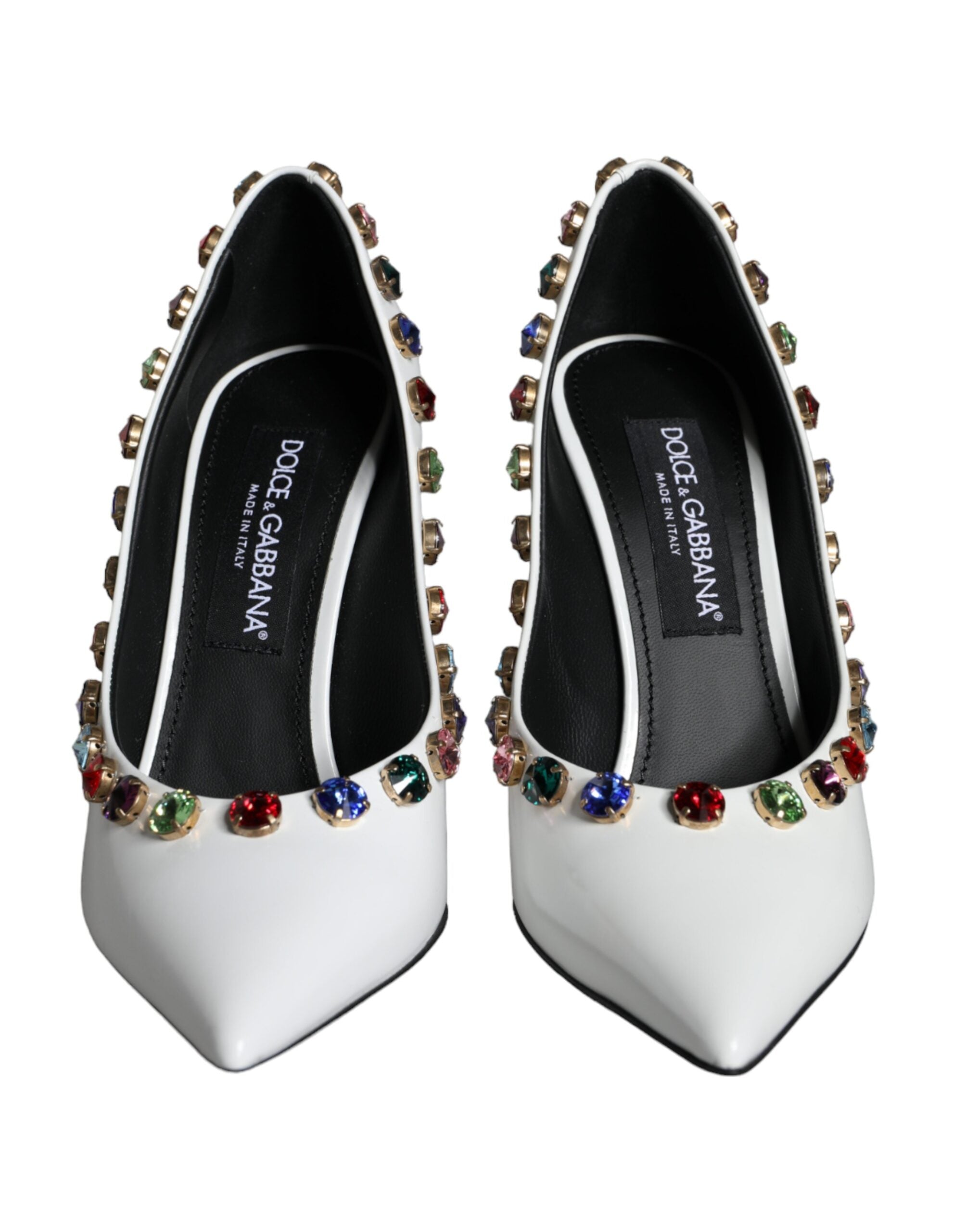 White crystal leather high heel pumps by Dolce & Gabbana, showcasing elegant pointed toes and sleek design.