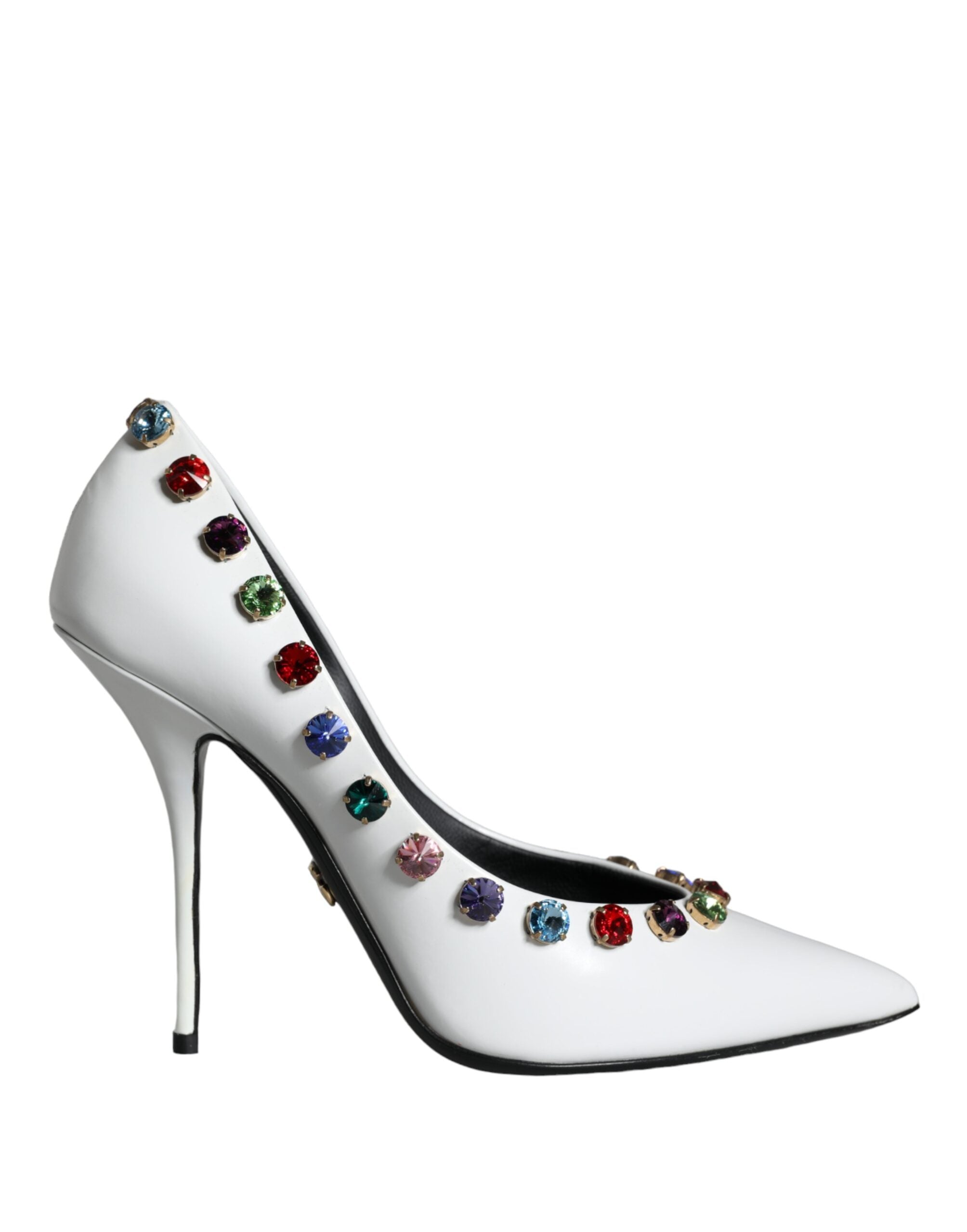 White crystal leather high heels pumps by Dolce & Gabbana, showcasing elegant pointed toe design and sleek stiletto heel.