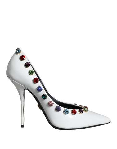 White crystal leather high heels pumps by Dolce & Gabbana, showcasing elegant pointed toe design and sleek stiletto heel.