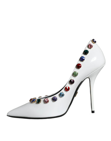 White crystal leather high heels pumps shoes by Dolce & Gabbana, featuring elegant design and pointed toe detail.