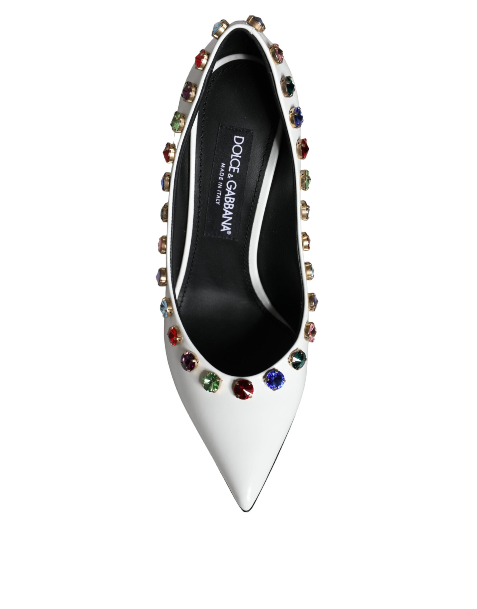 White crystal leather high heels pumps by Dolce & Gabbana with pointed toes and elegant design.