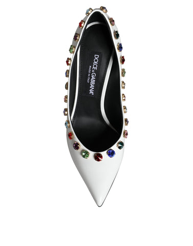 White crystal leather high heels pumps by Dolce & Gabbana with pointed toes and elegant design.