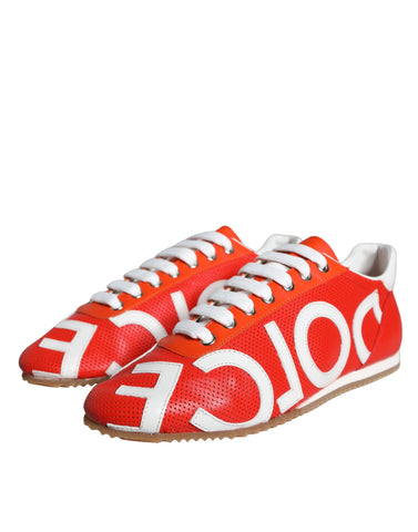 Red and white leather Dolce & Gabbana casual sneakers with logo detail, featuring stylish design and comfortable fit.