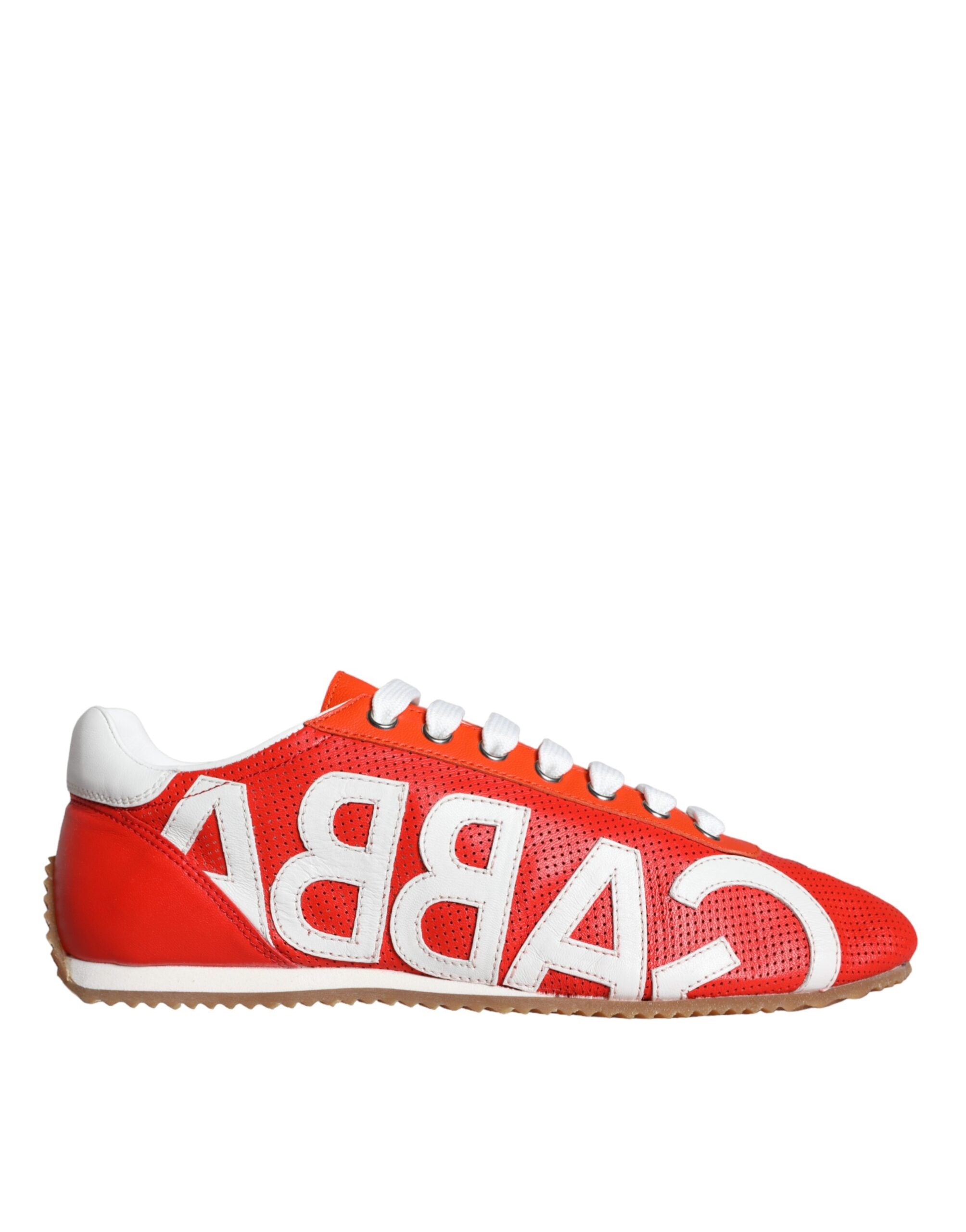Red and white leather casual sneakers with Dolce & Gabbana logo, stylish and comfortable footwear for everyday wear.