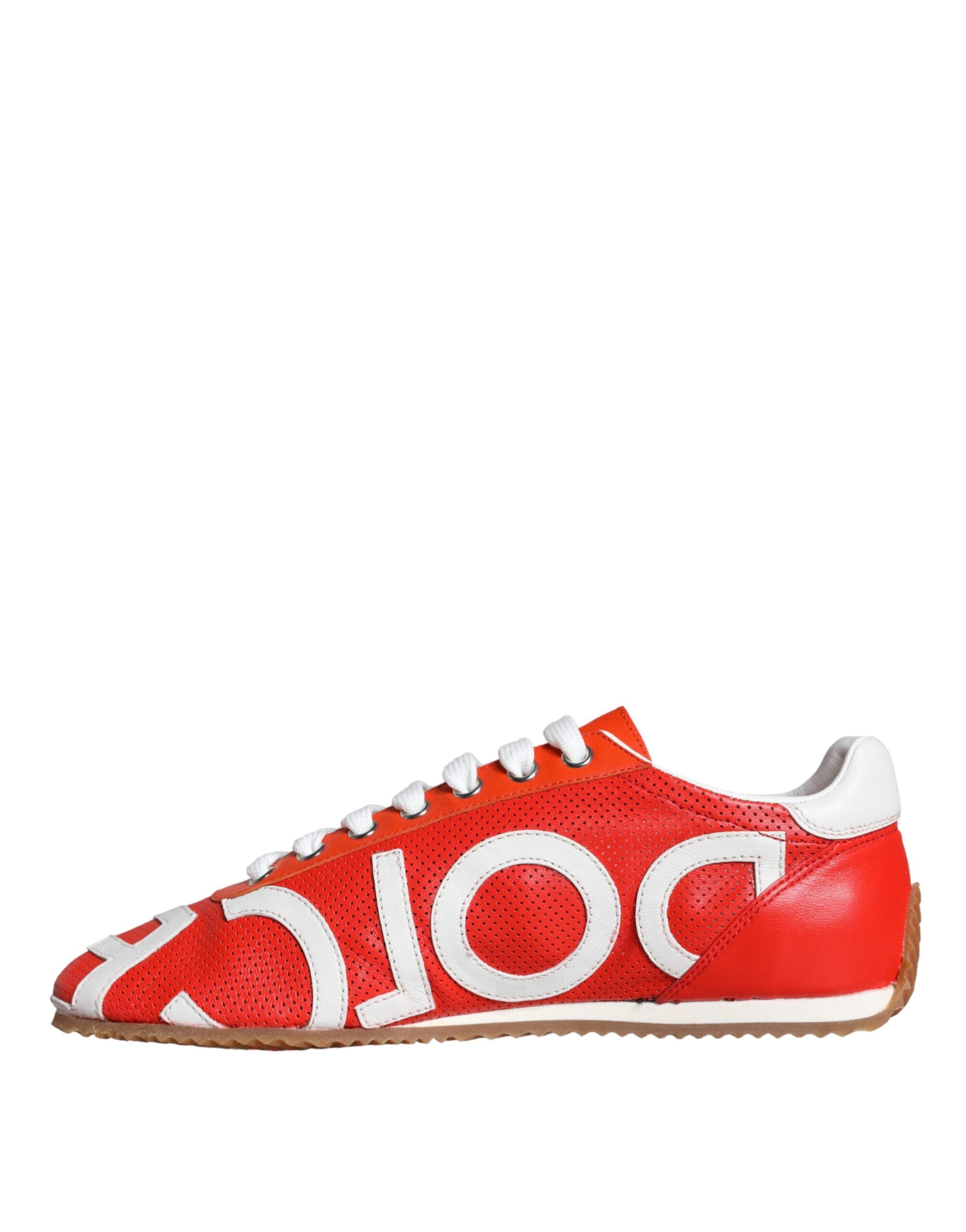 Red and white leather casual sneakers featuring Dolce & Gabbana logo, stylish and comfortable footwear for everyday wear.
