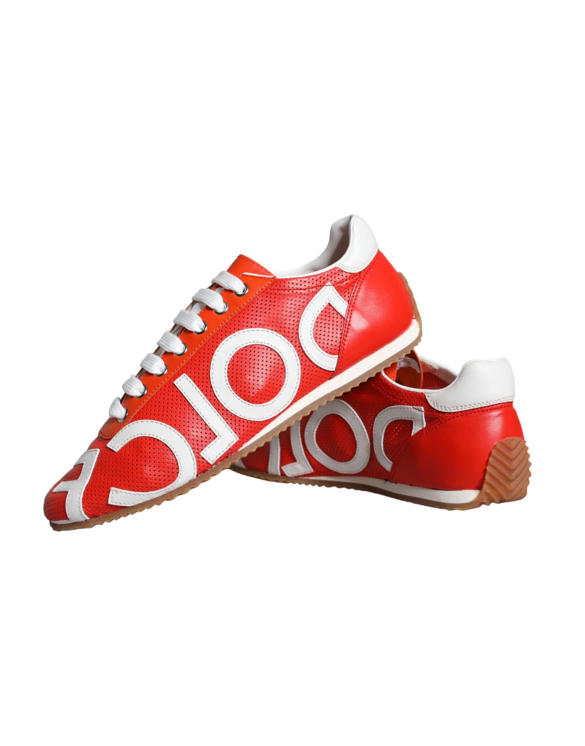 Red and white leather casual sneakers with logo detail from Dolce & Gabbana, featuring a stylish and comfortable design.