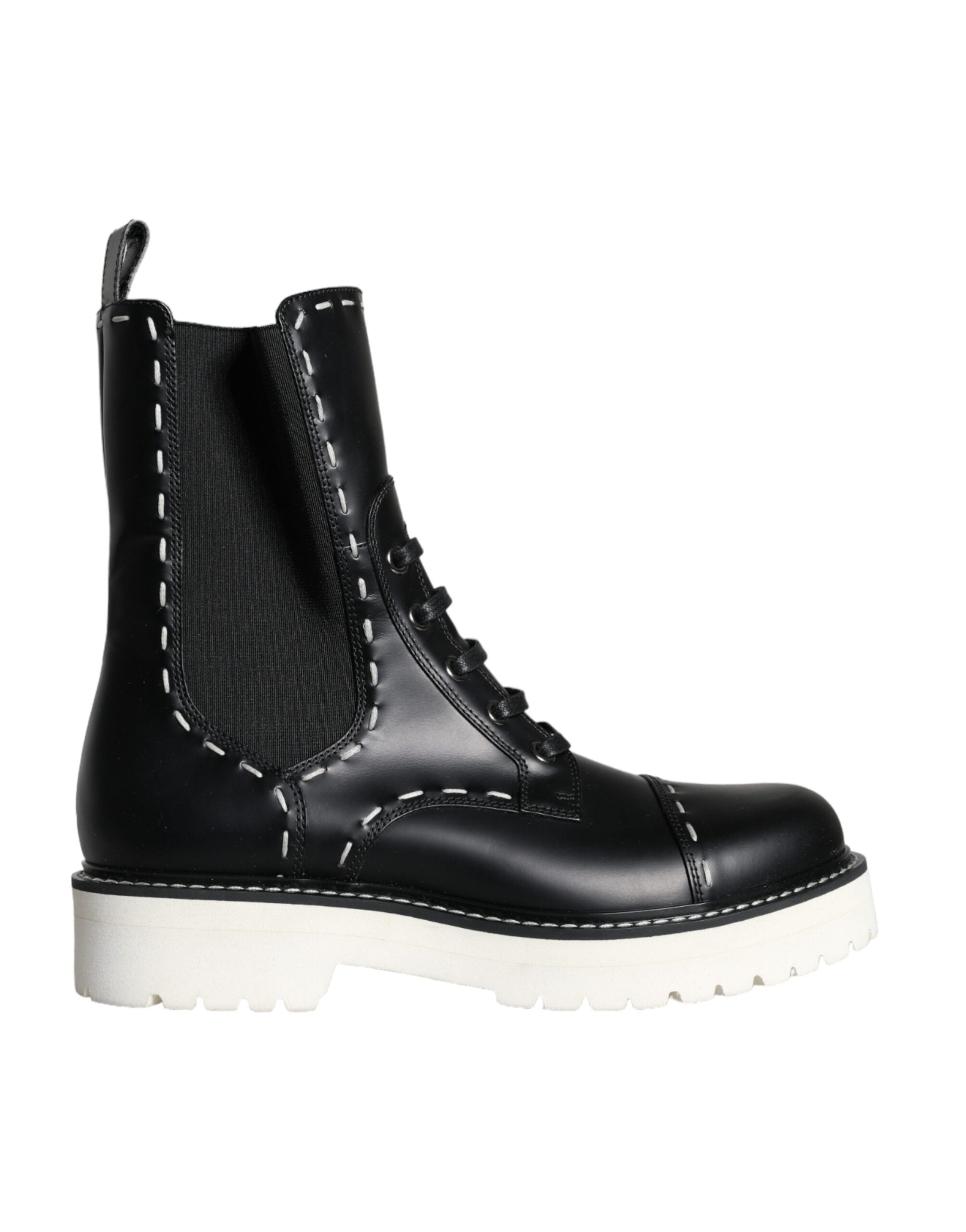 Black leather combat mid-calf boots by Dolce & Gabbana, featuring sturdy design and stylish lace-up detail.