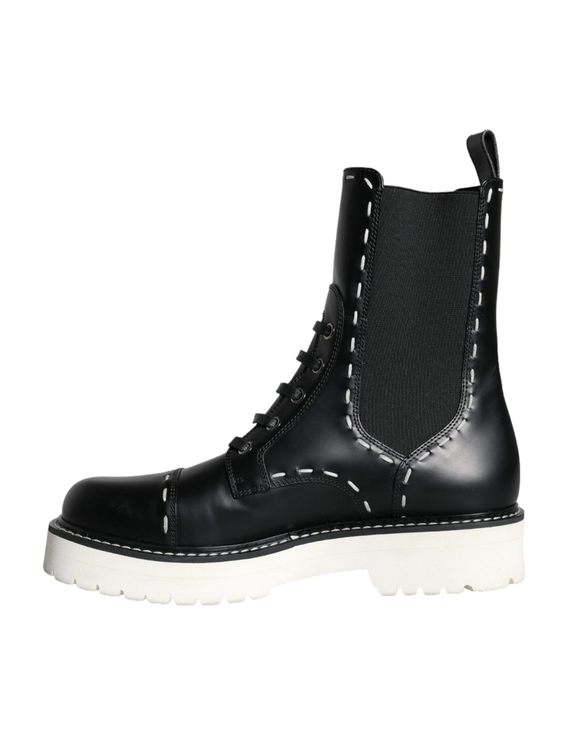 Black leather combat mid-calf boots by Dolce & Gabbana, featuring rugged design and sturdy soles.