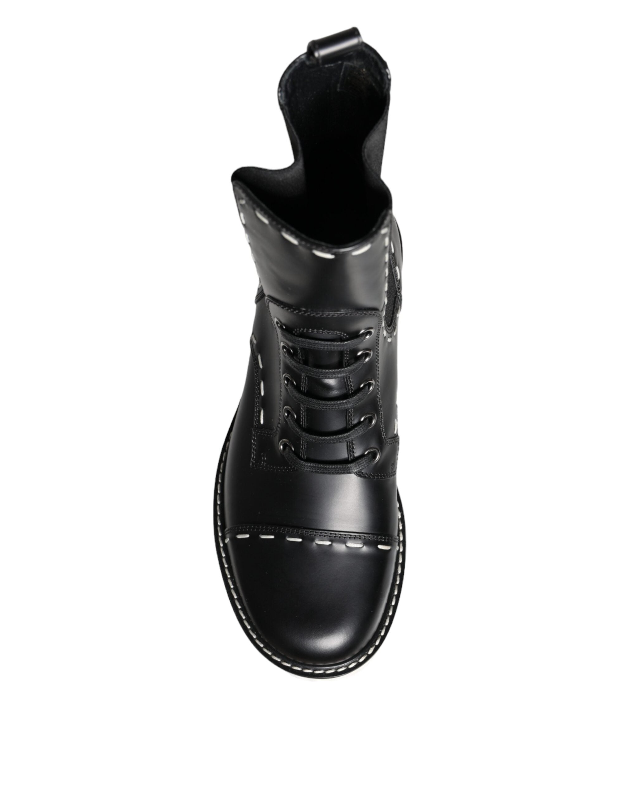 Black leather combat mid-calf boots by Dolce & Gabbana, featuring sturdy design and stylish mid-heel for everyday wear.