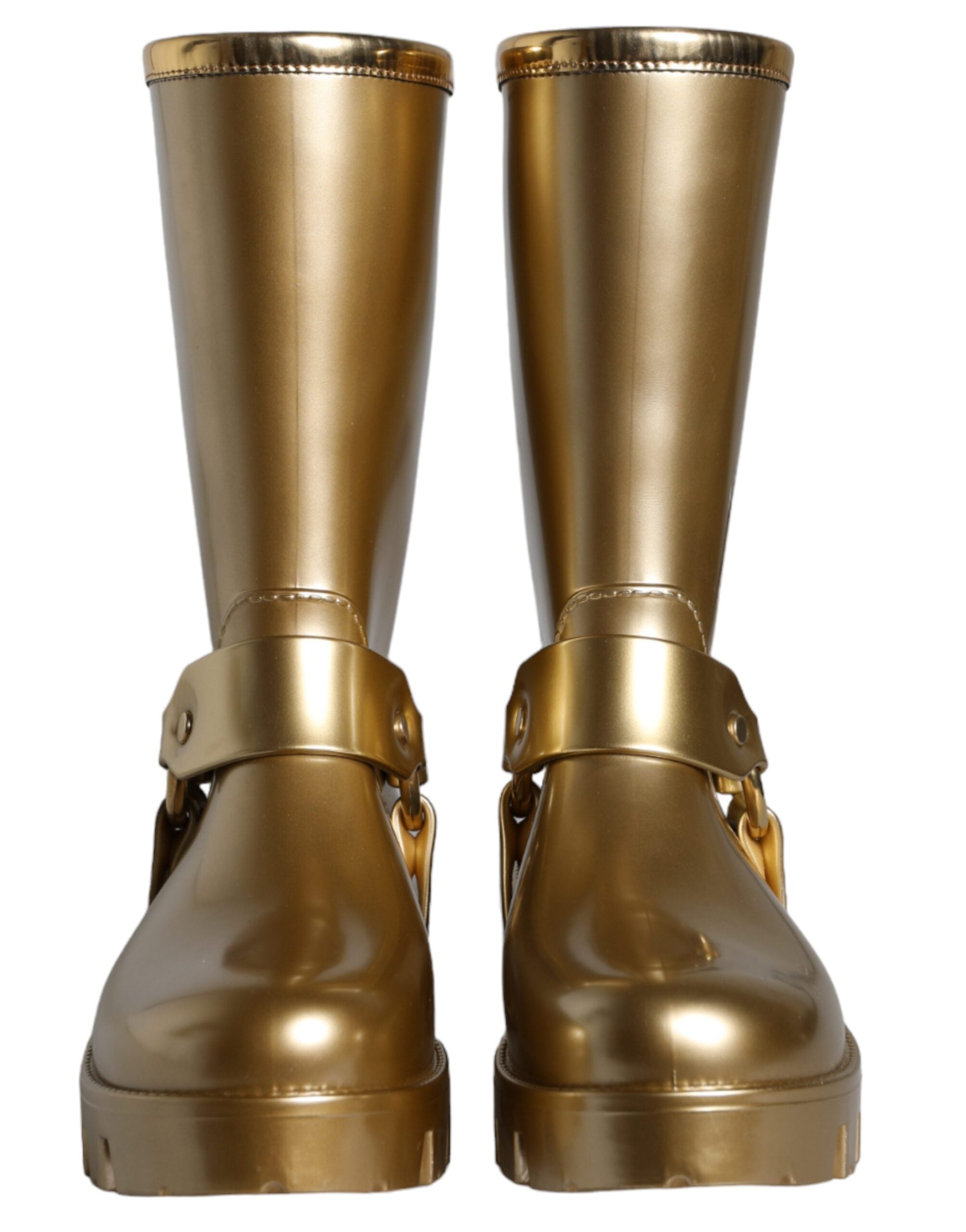 Metallic gold rubber PVC rain boots by Dolce & Gabbana, stylish waterproof footwear with a shiny finish and sleek design.