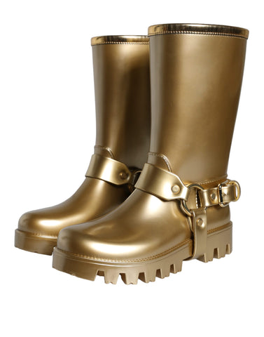 Dolce & Gabbana metallic gold rubber PVC rain boots with a glossy finish and durable sole, designed for wet weather.