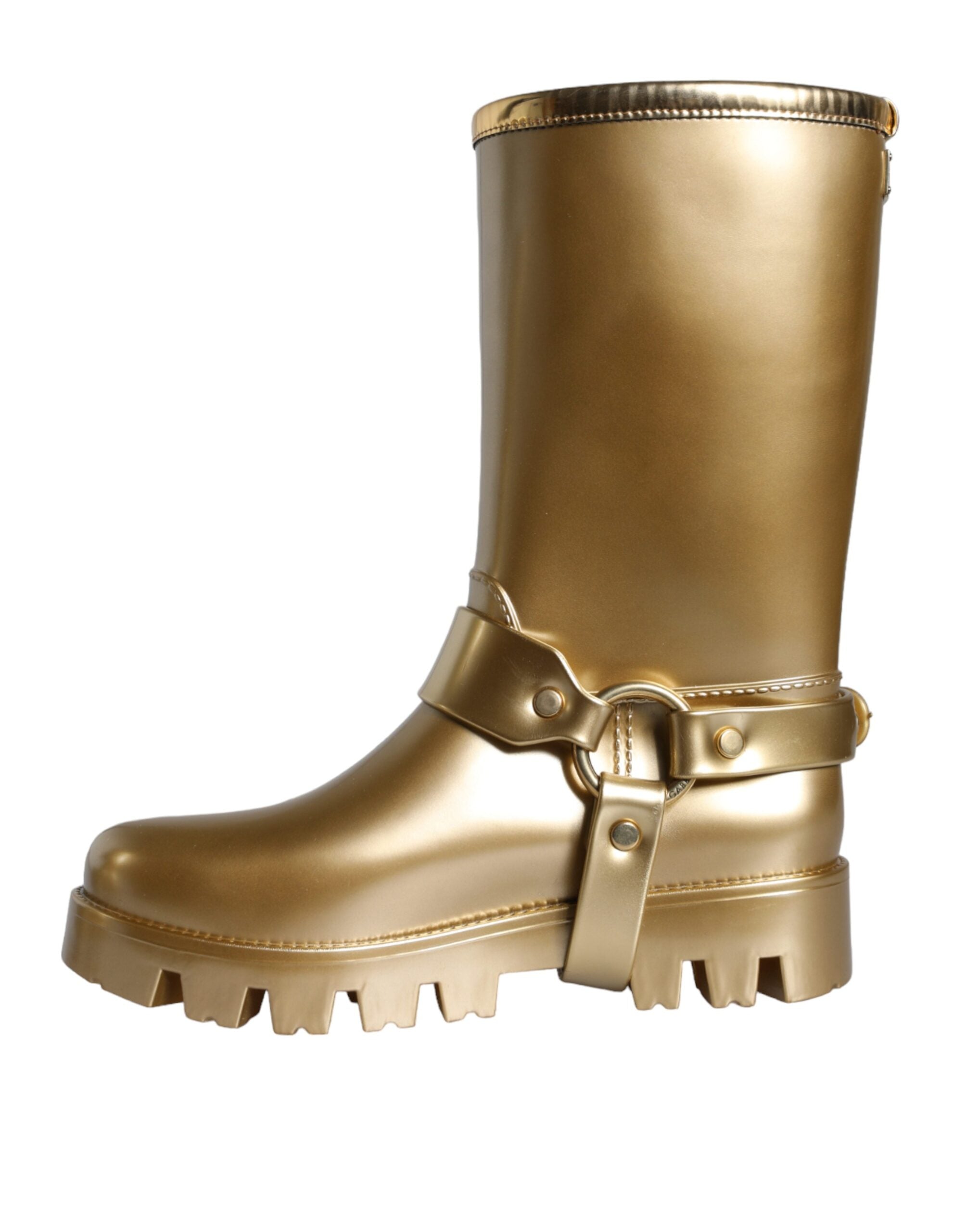 Metallic gold rubber PVC rain boots by Dolce & Gabbana, stylish waterproof footwear with shiny gold finish.