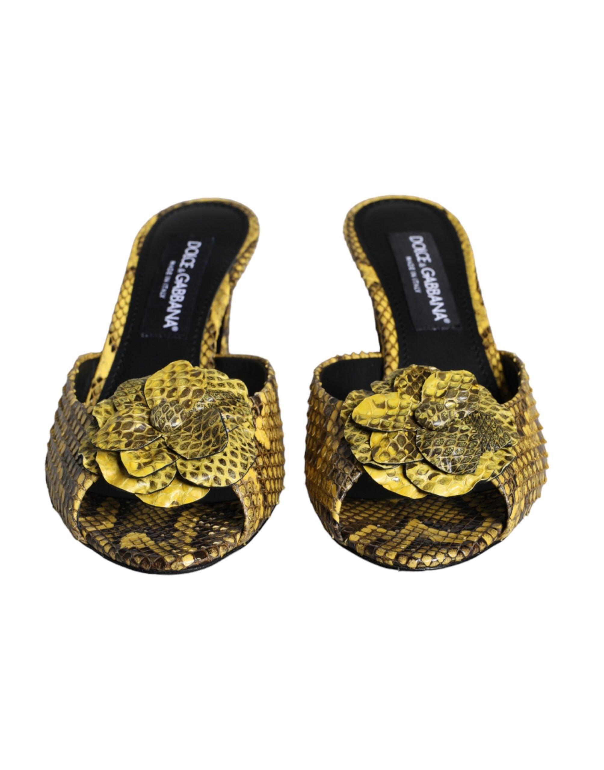 Yellow leather block heel slides shoes by Dolce & Gabbana, featuring open-toe design and stylish slip-on footwear.