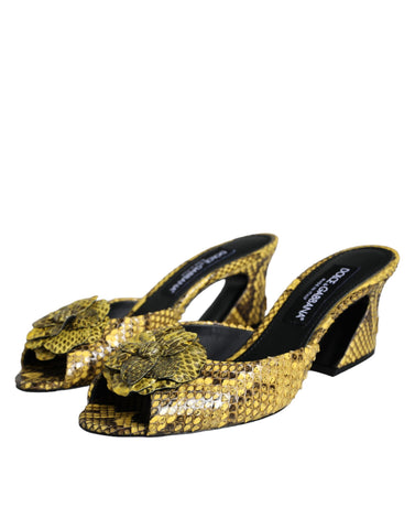 Yellow leather block heel slides shoes by Dolce & Gabbana, featuring a stylish open-toe design and comfortable slip-on style.