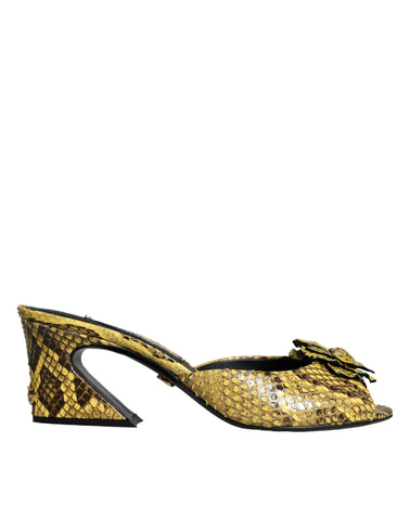 Yellow leather block heel slides shoes by Dolce & Gabbana with open toes and stylish slip-on design.