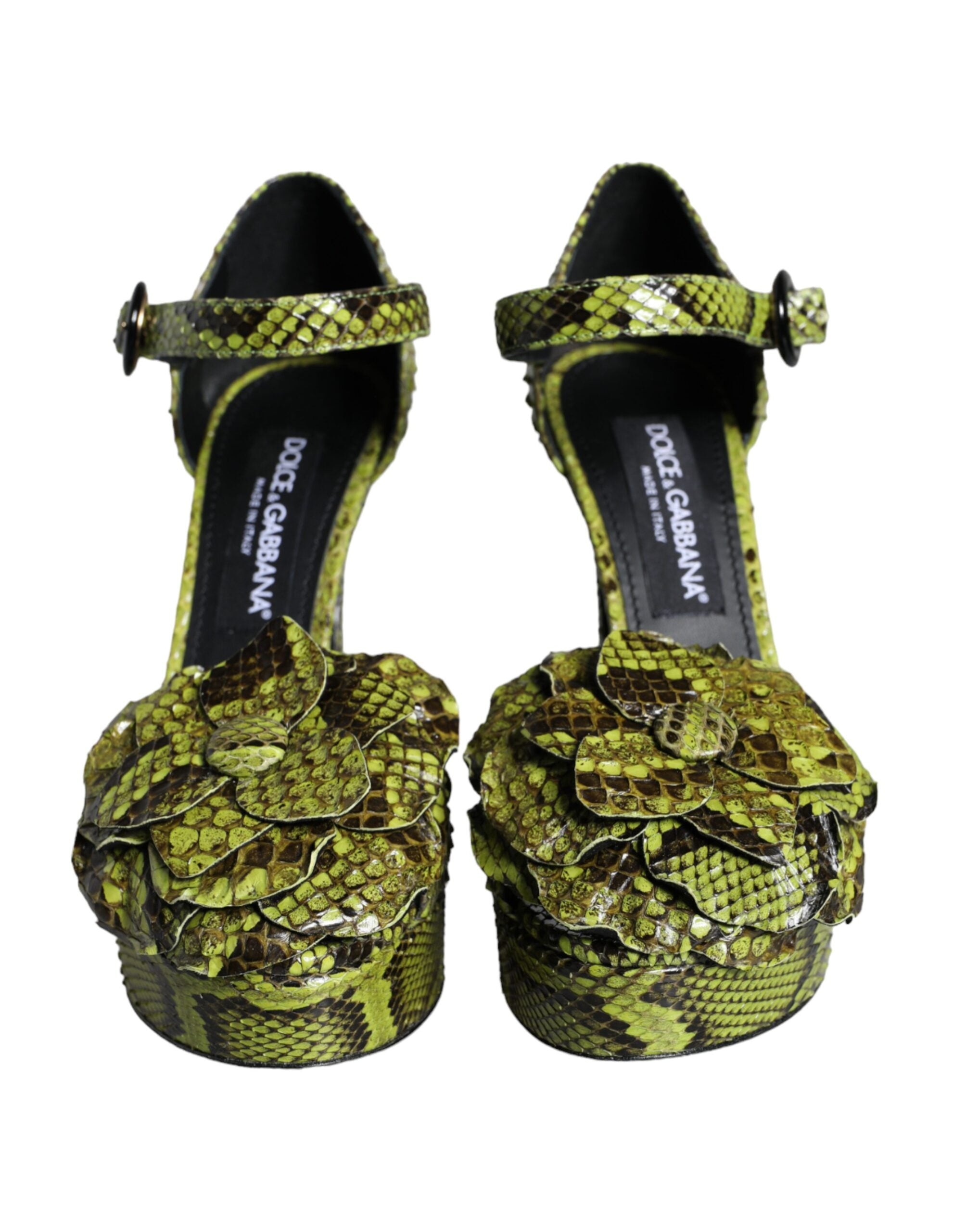 Green exotic leather ankle strap heels sandals by Dolce & Gabbana with open-toe design and stiletto heel.