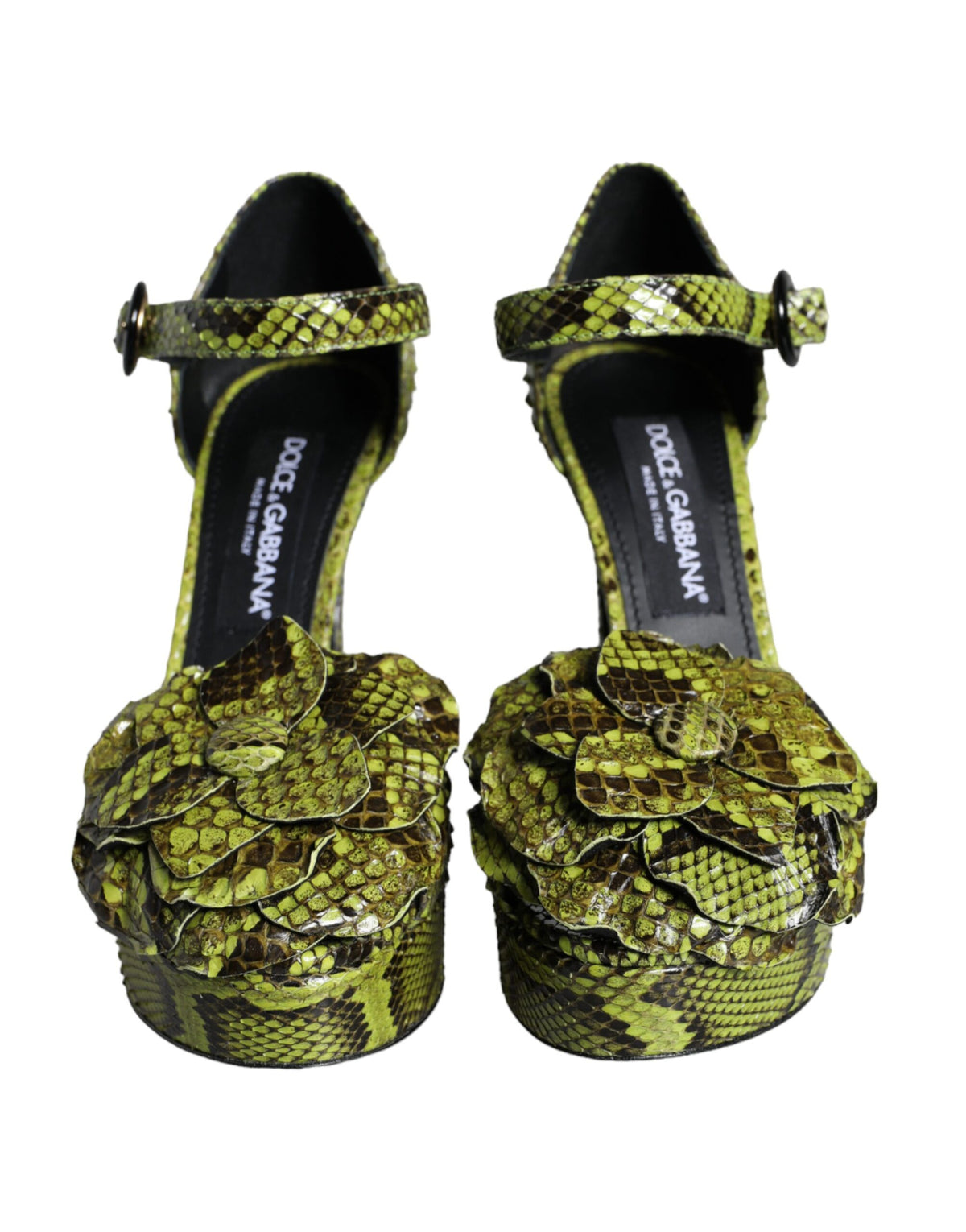 Green exotic leather ankle strap heels sandals by Dolce & Gabbana with open-toe design and stiletto heel.