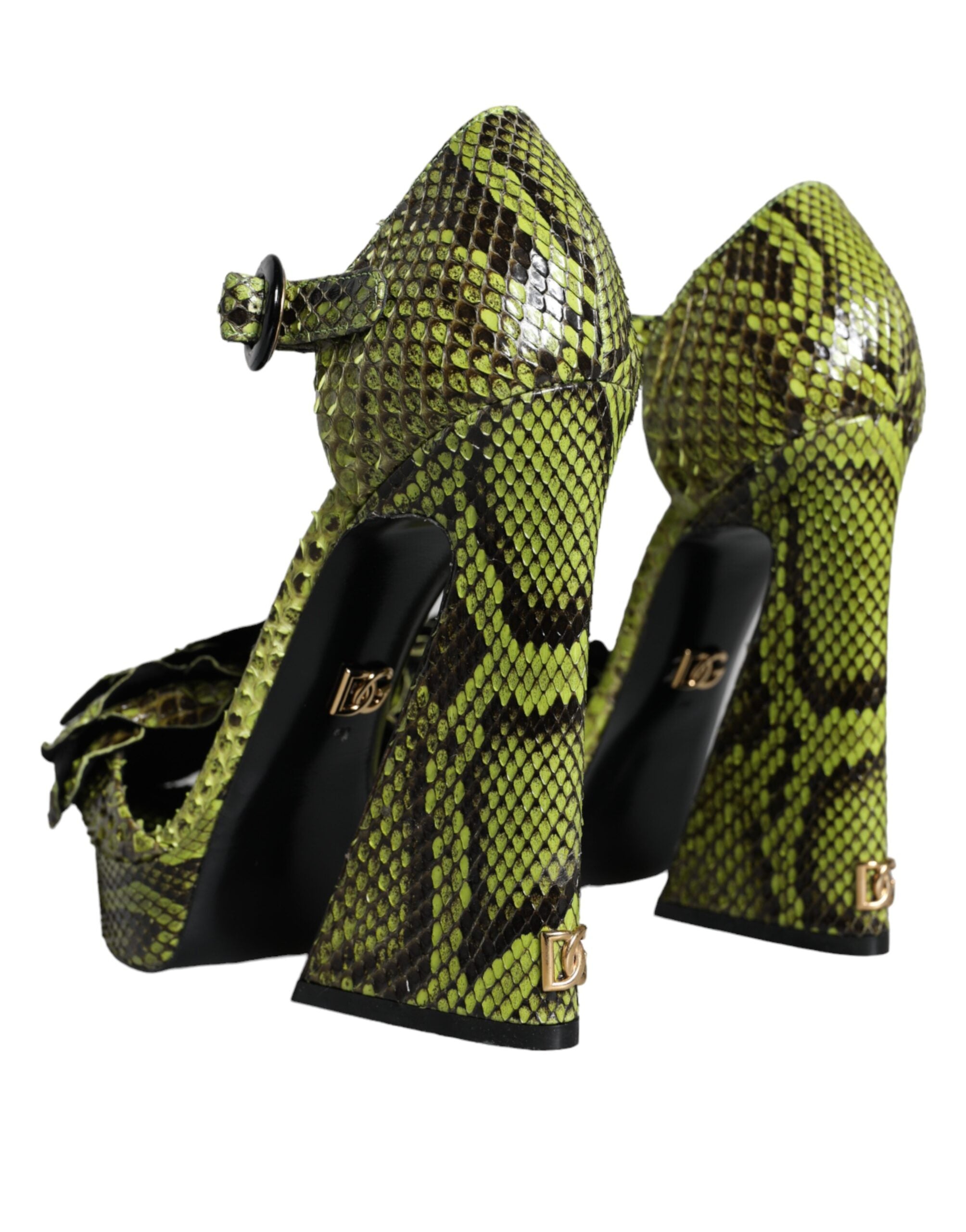 Green exotic leather ankle strap heels by Dolce & Gabbana, featuring sleek design and open toe style.
