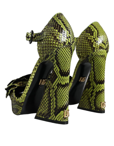 Green exotic leather ankle strap heels by Dolce & Gabbana, featuring sleek design and open toe style.