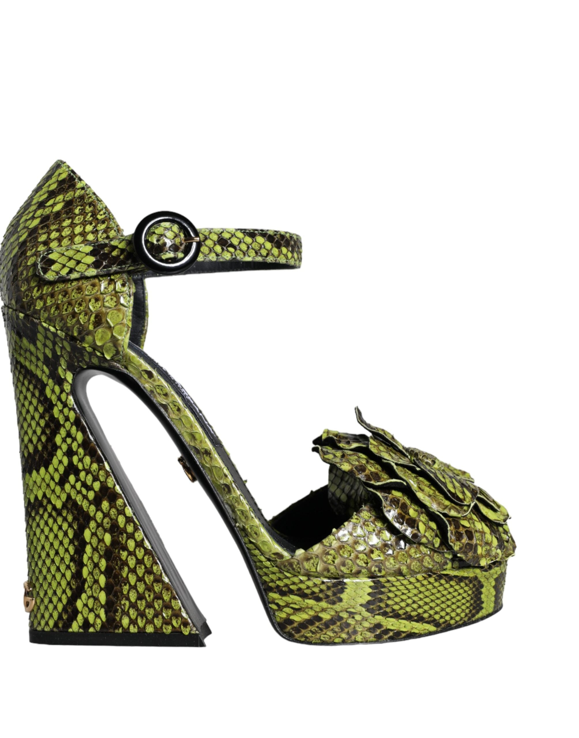 Green exotic leather ankle strap heels sandals by Dolce & Gabbana with pointed toes and stylish design.