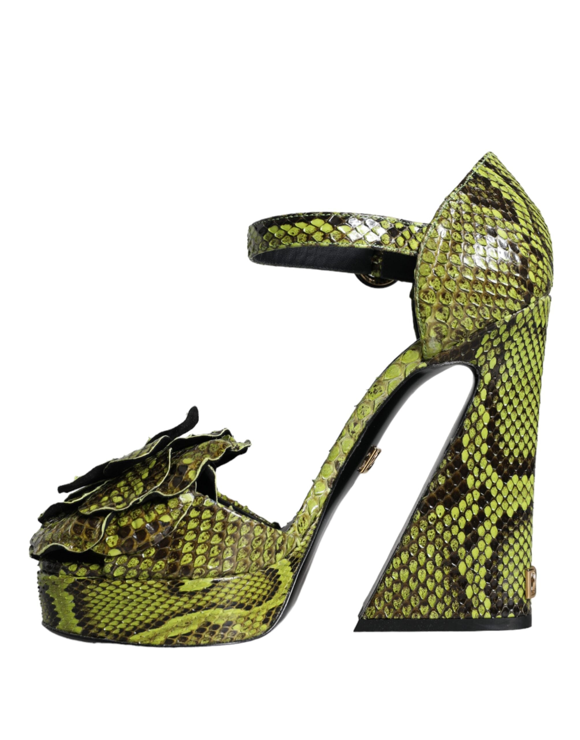 Green exotic leather ankle strap heels by Dolce & Gabbana, featuring pointed toes and stiletto heels.