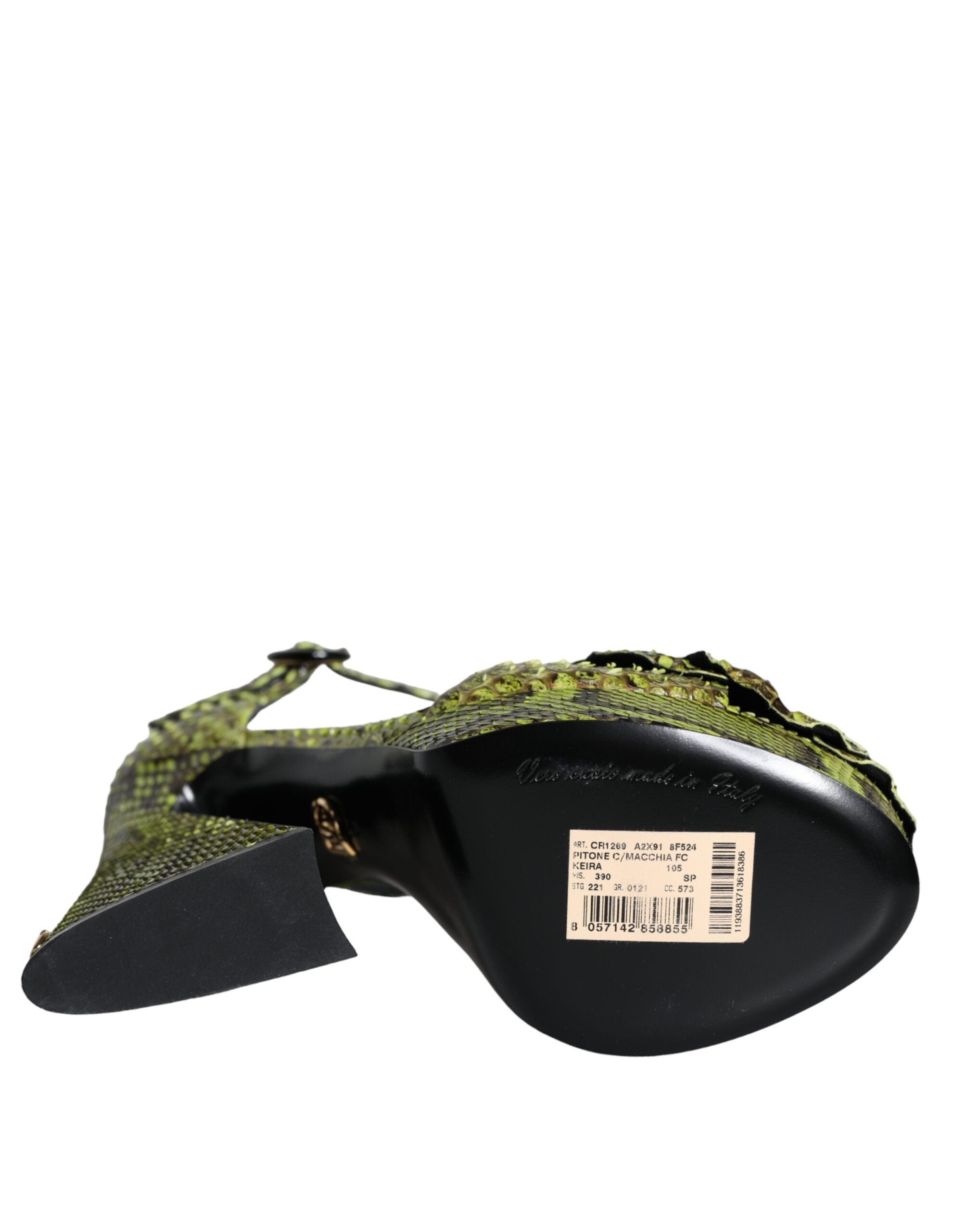 Green Dolce & Gabbana exotic leather ankle strap heels sandals with pointed toes and stiletto heels, stylish and elegant footwear.