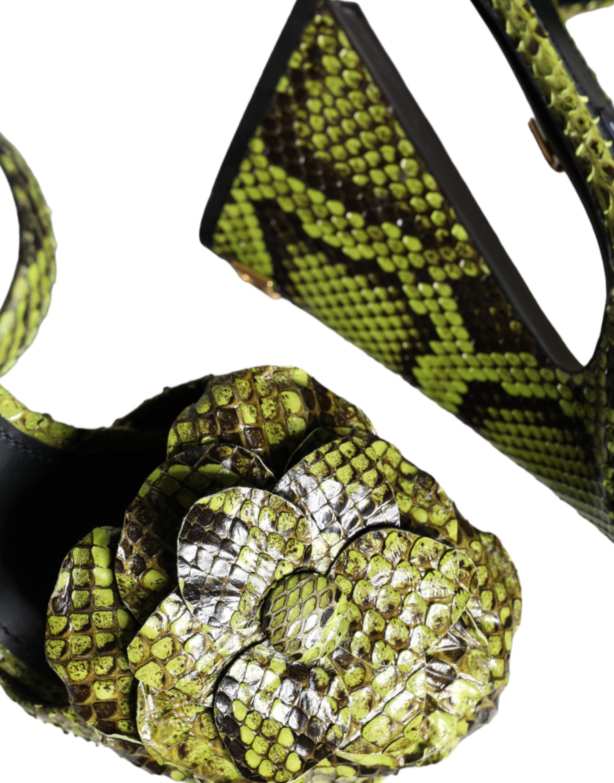 Green exotic leather ankle strap heels sandals by Dolce & Gabbana with stiletto heels and open toe design.