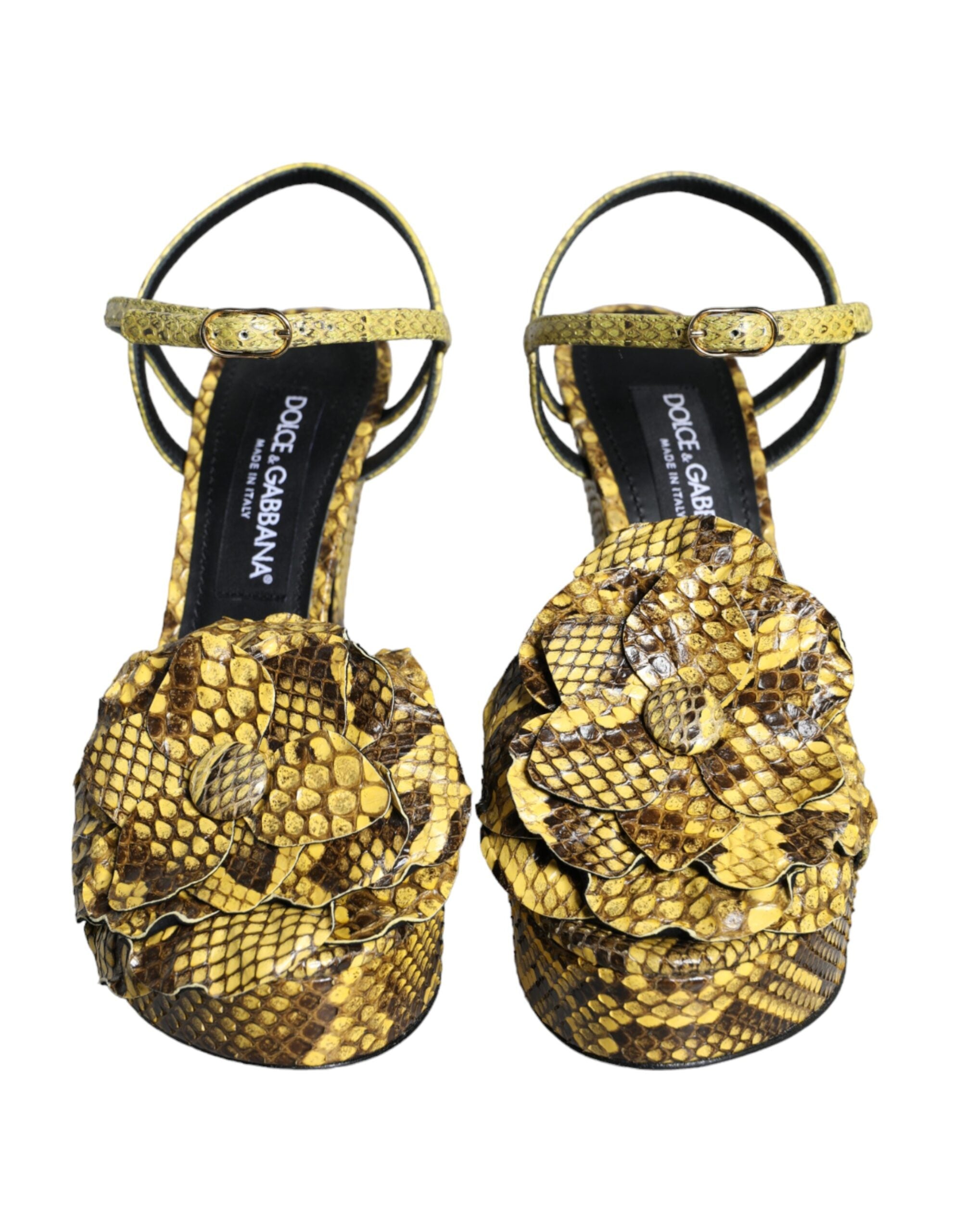 Yellow exotic leather ankle strap heels sandals by Dolce & Gabbana featuring stylish open-toe design and block heel.
