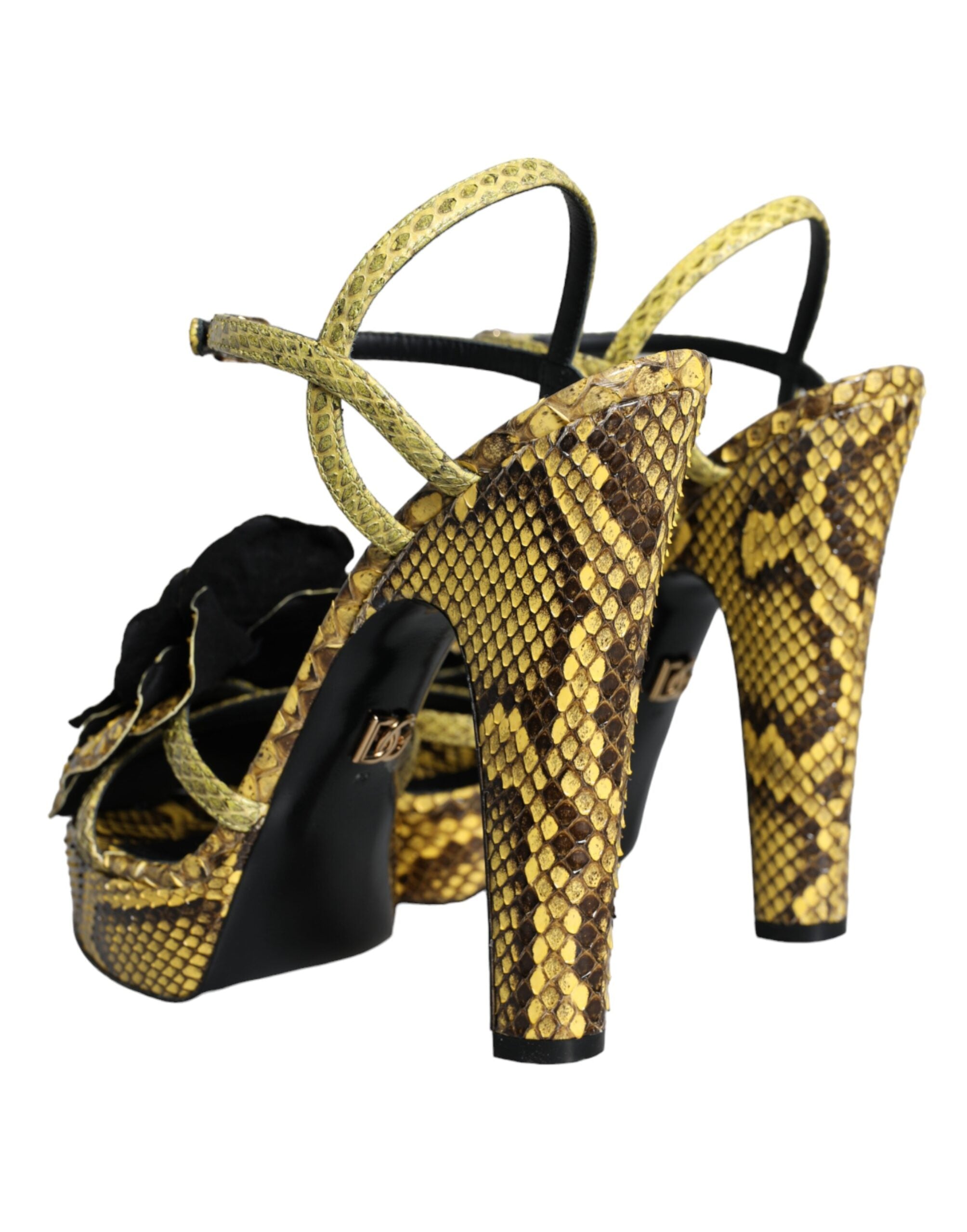 Yellow exotic leather ankle strap heels sandals by Dolce & Gabbana with pointed toe and stiletto heel.