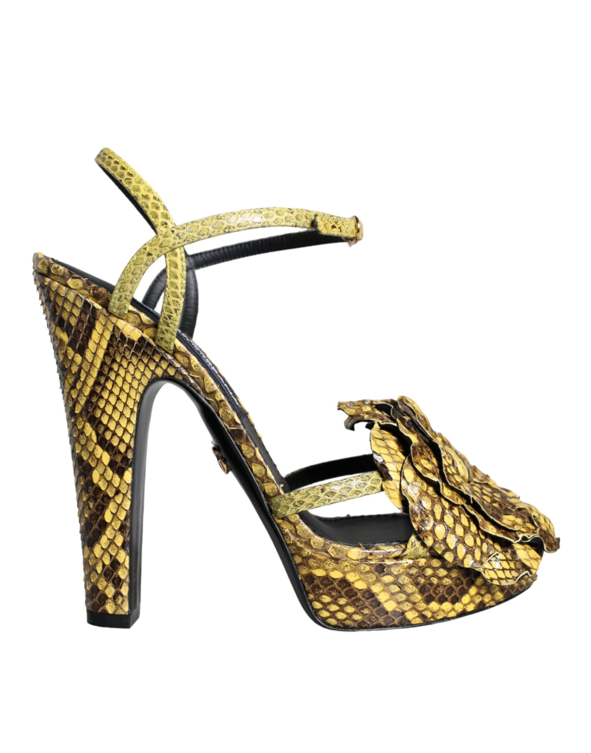 Yellow exotic leather ankle strap heels sandals by Dolce & Gabbana with pointed toes and stiletto heels.