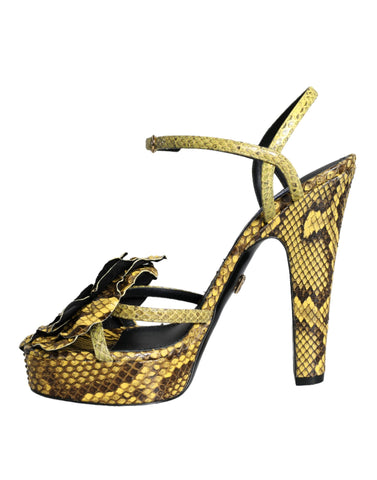 Yellow exotic leather ankle strap heels by Dolce & Gabbana, showcasing stylish open-toe sandal design with slim heel.