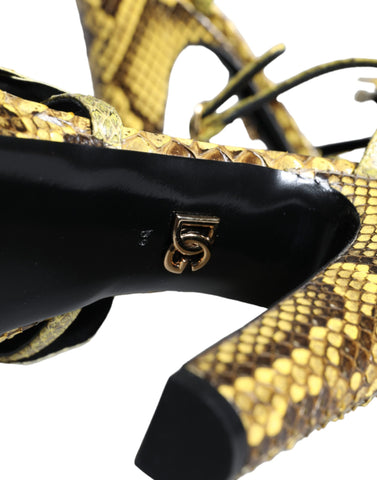 Yellow exotic leather ankle strap heels sandals by Dolce & Gabbana, featuring elegant design and stylish high-heeled shoes.