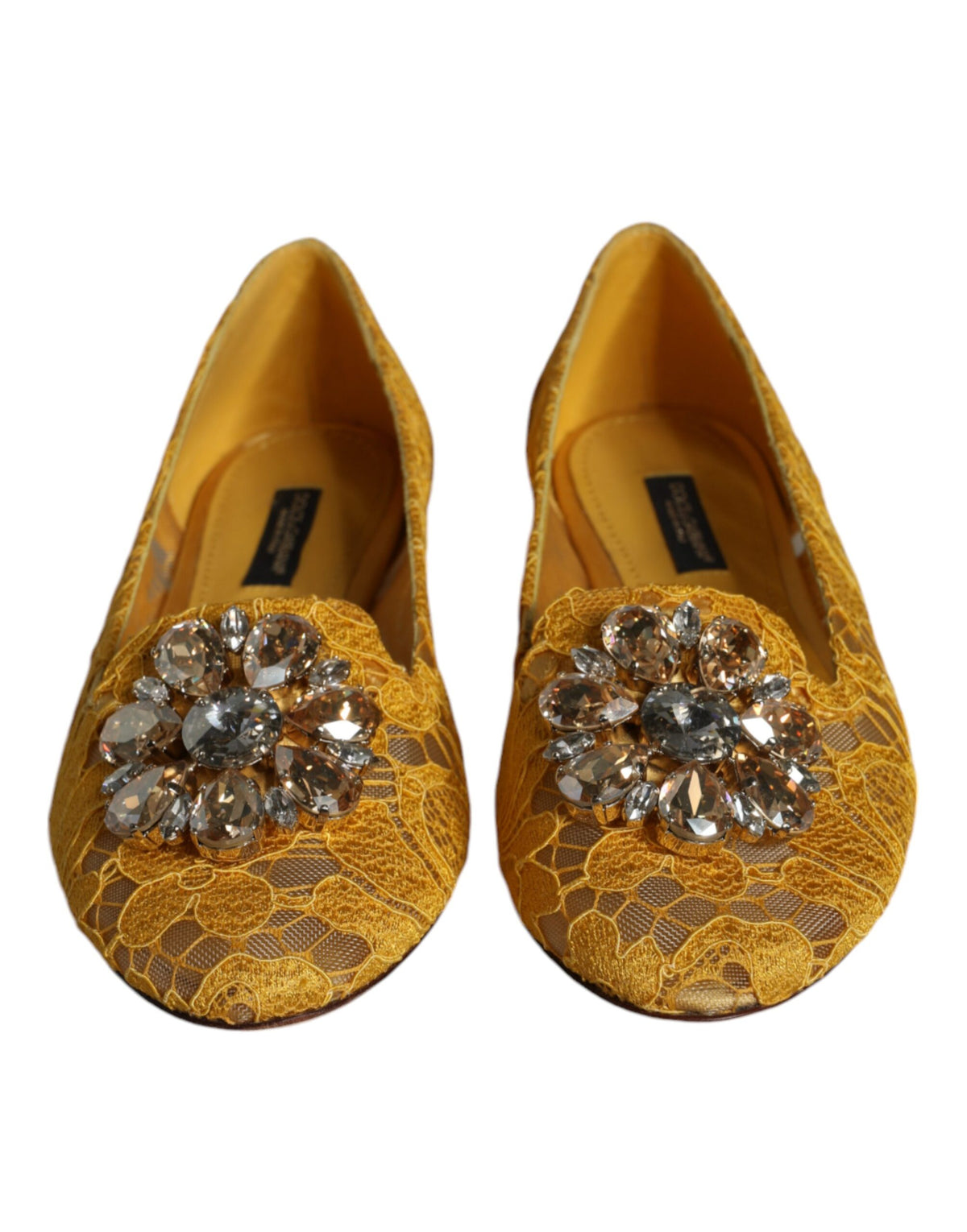 Dolce & Gabbana mustard lace crystal ballet flats with lace-up design and decorative crystals, stylish loafers for women.