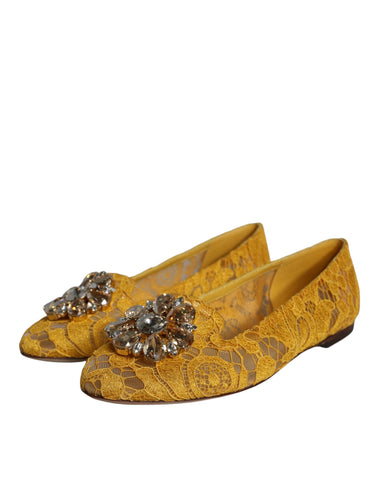 Dolce & Gabbana mustard lace crystal ballet flats with loafer-inspired design and delicate embellishments.