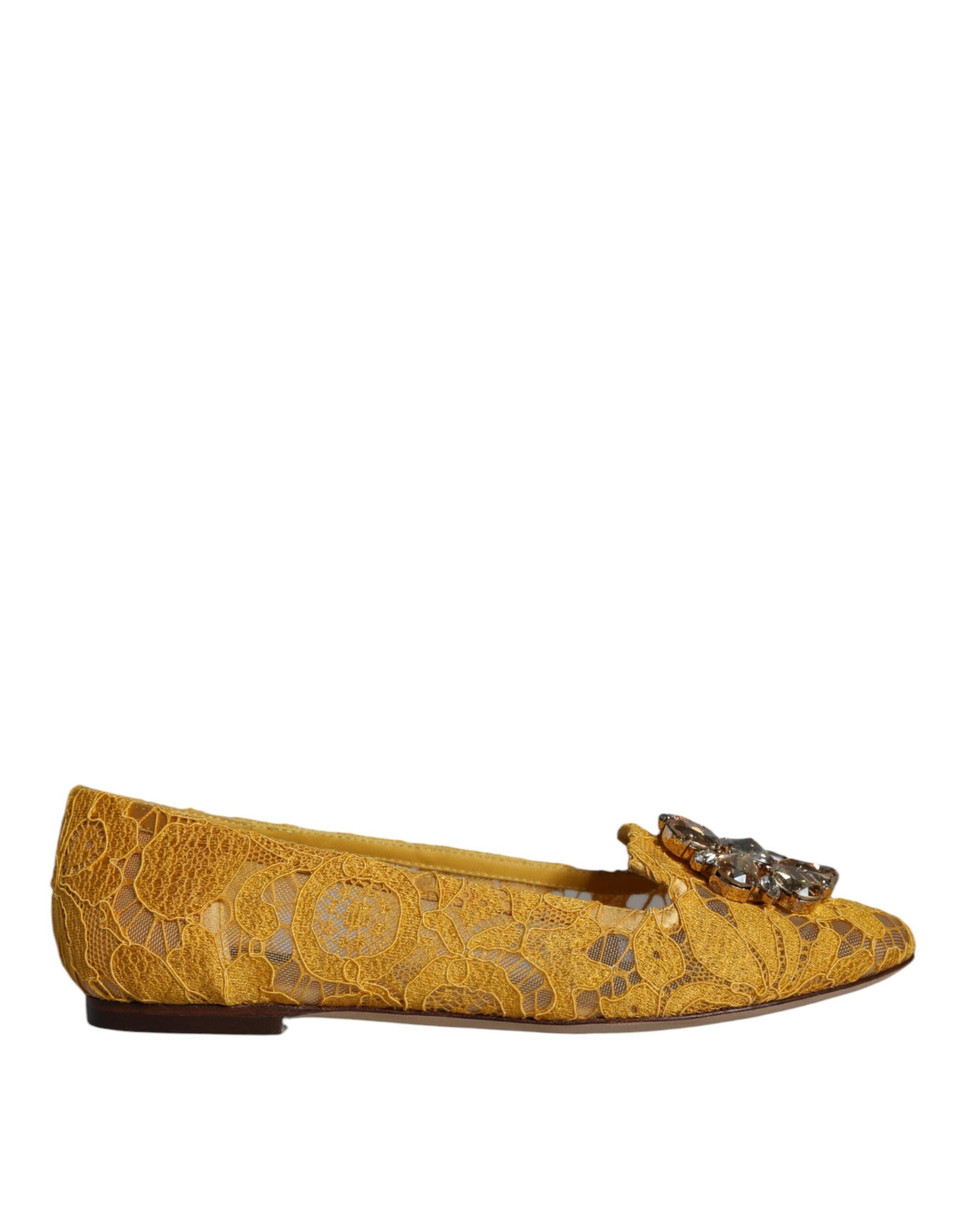 Dolce & Gabbana mustard lace ballet flats with crystal embellishments, stylish loafer-inspired shoes for women.