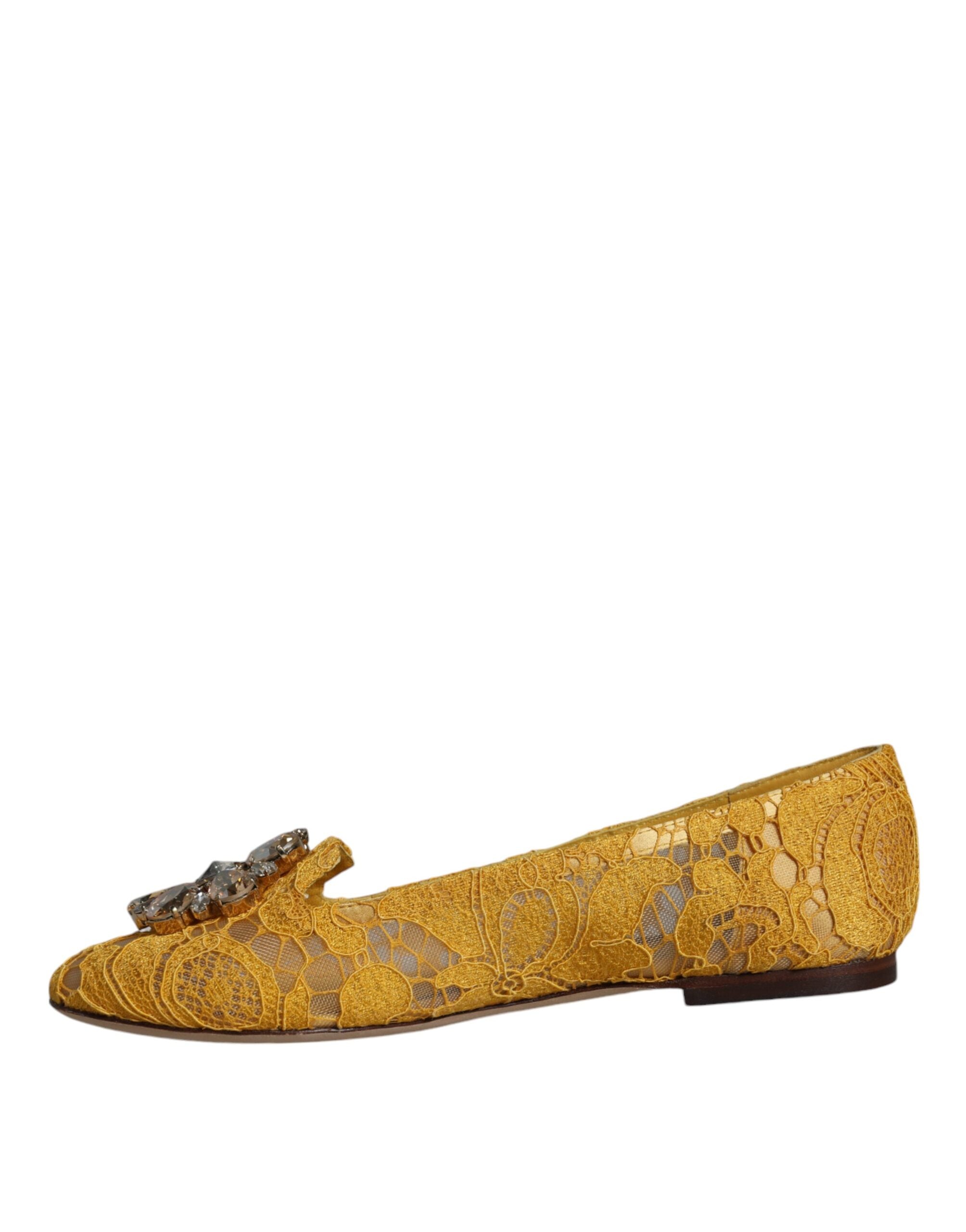 Dolce & Gabbana mustard lace crystal ballet flats with loafer style, featuring lace detailing and sparkling embellishments.