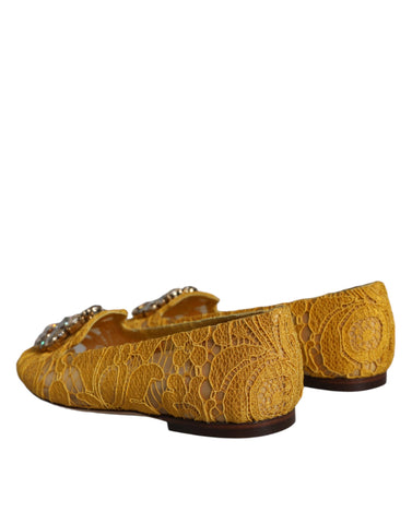 Dolce & Gabbana mustard lace crystal ballet flats with decorative lace and crystal embellishments, stylish loafer-inspired shoes.