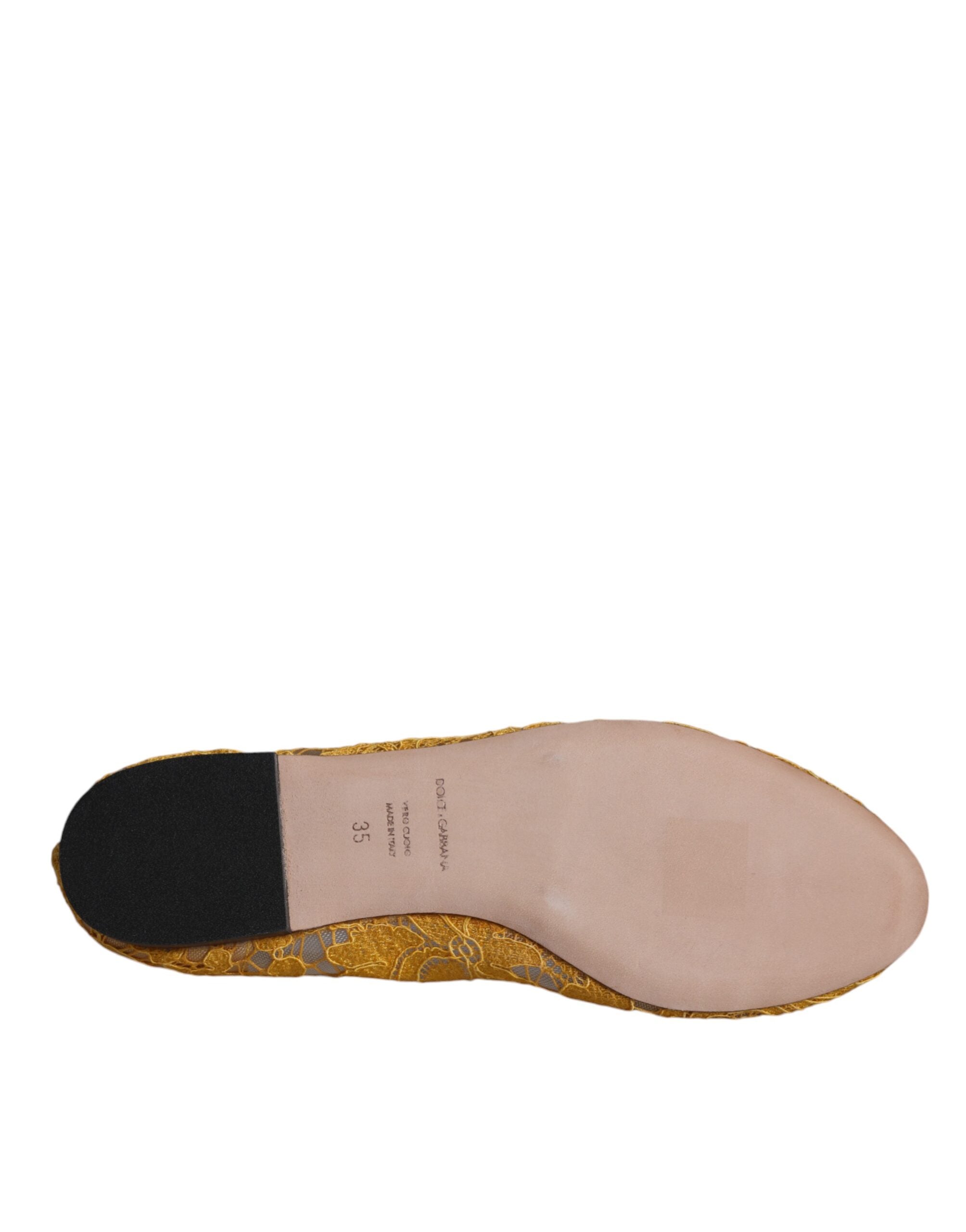 Dolce & Gabbana mustard lace crystal ballet flats with decorative bow and floral detailing, elegant loafer-style shoes.